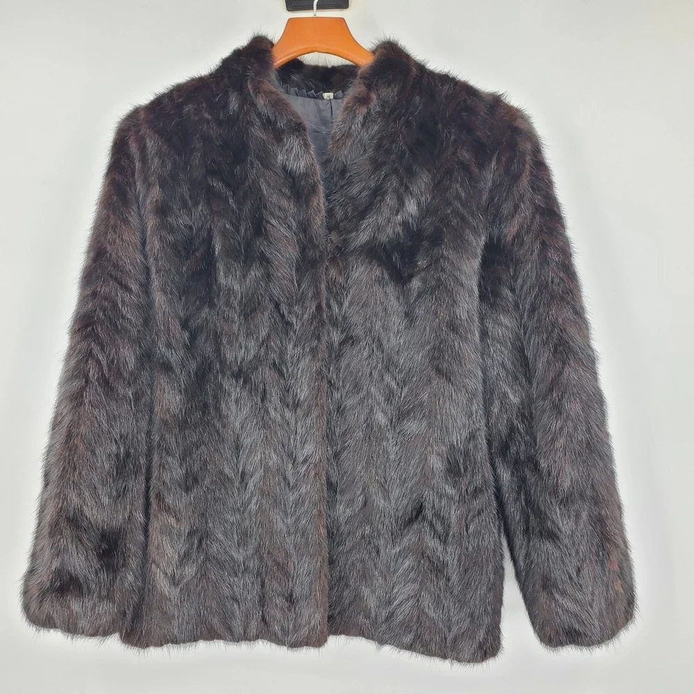 Vintage Bemberg Jacquard Fur Jacket Brown Chevron S Mob Wife Old Money Luxury